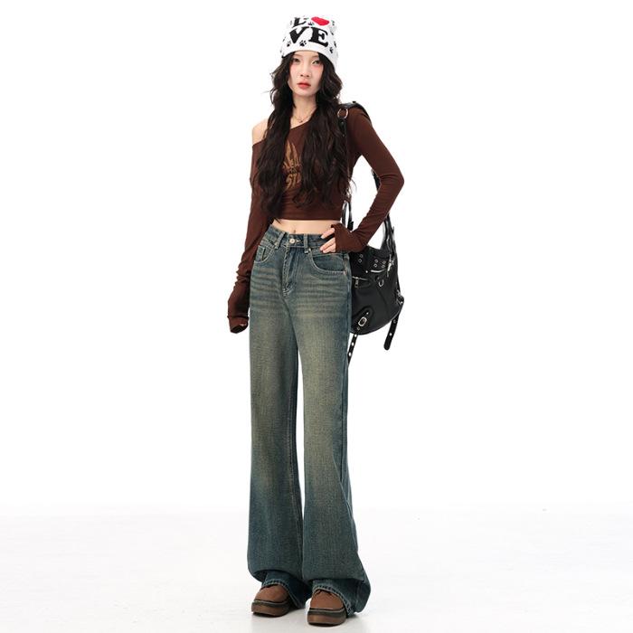 American retro medium-high waist micro-pull jeans women's autumn and winter spice girls slim floor pants, trousers & extended