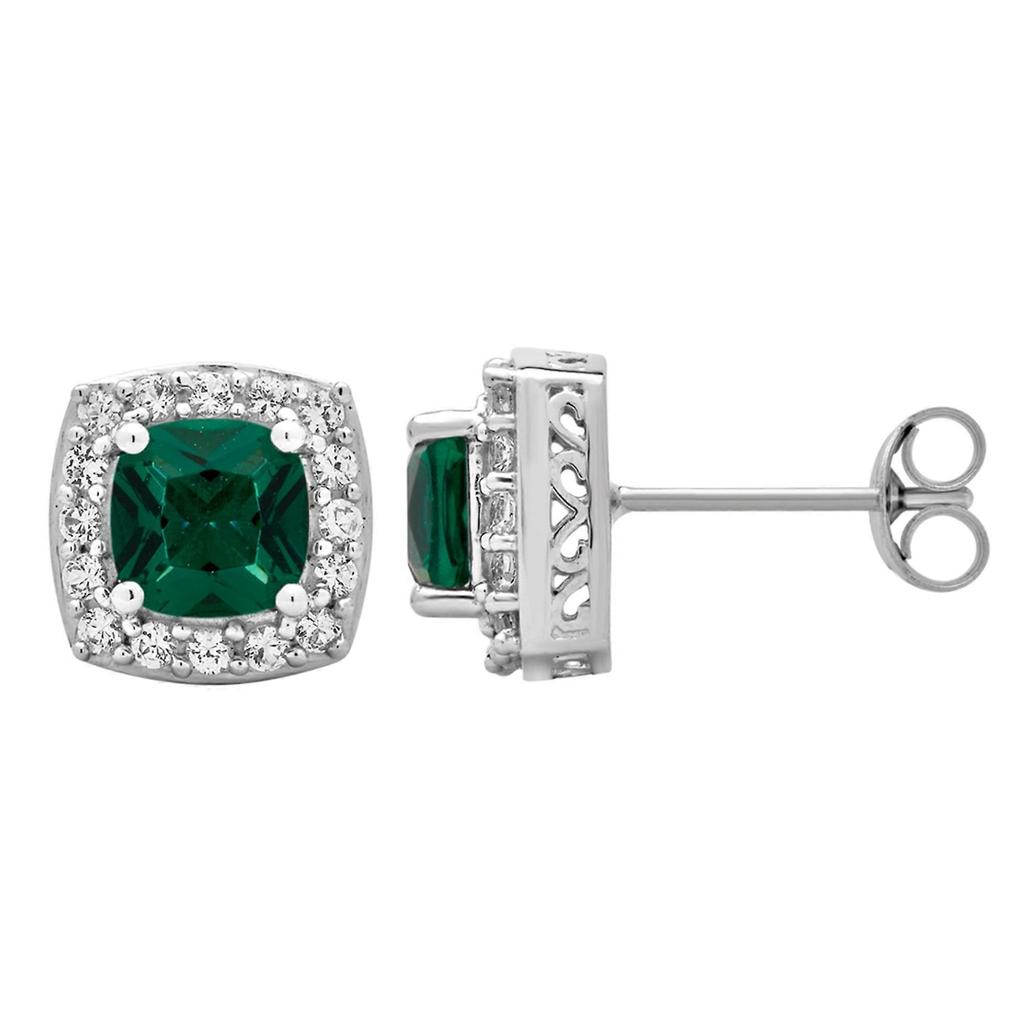 Arista Created Emerald and White Sapphire Women's Halo Stud Earrings in Sterling Silver