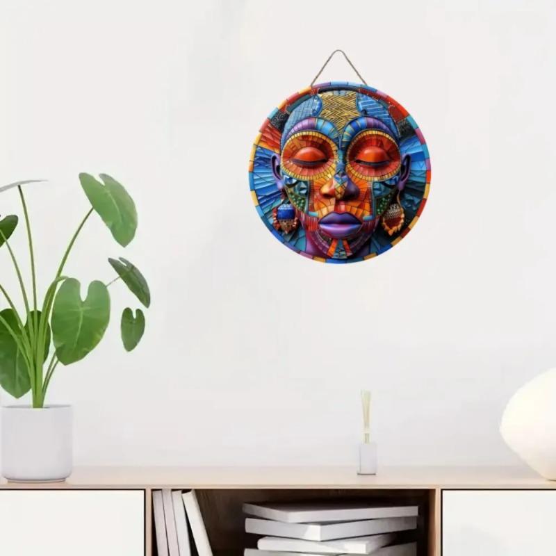Wood Unique African Mask Circular Wooden Sign with Artistic Design, Suitable for Door, Wall, Home, Room, Farmhouse, Street, Shop, Garage, Bar, Garden