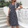 Summer Women Short Sleeve Leopard Print Dress with Rotator Sleeve V Neck Mid-Calf