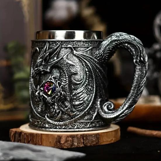Кружка для пива из нержавеющей стали 600 мл, ретро танкard, кофейная чашка, стакан для чая, средневековая кружка из смолы с драконом для любителей фэнтези