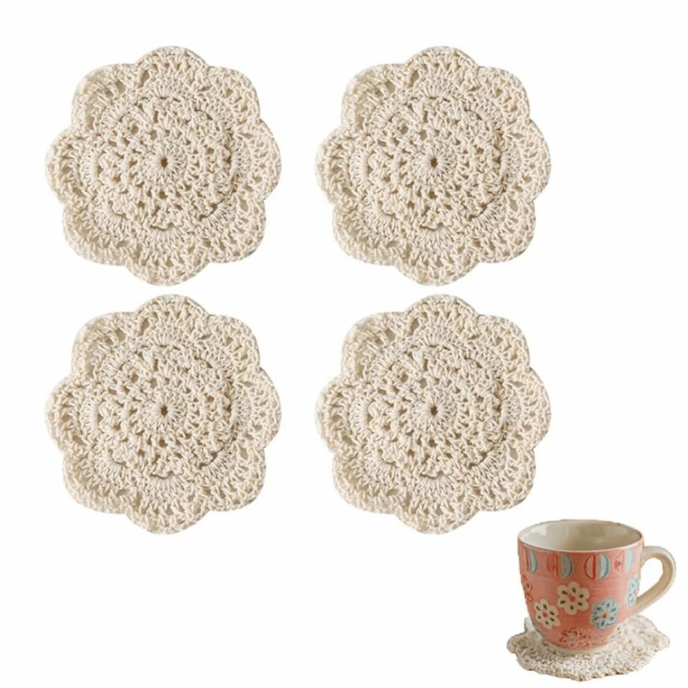 2/4Pcs Knitted Texture Lace Floral Coasters Vintage Round Woven Placemats Coffee Table