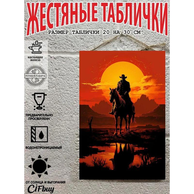 Металлическая жестяная табличка "Ковбой на лошади" 20x30 см Рустикальный декор стен