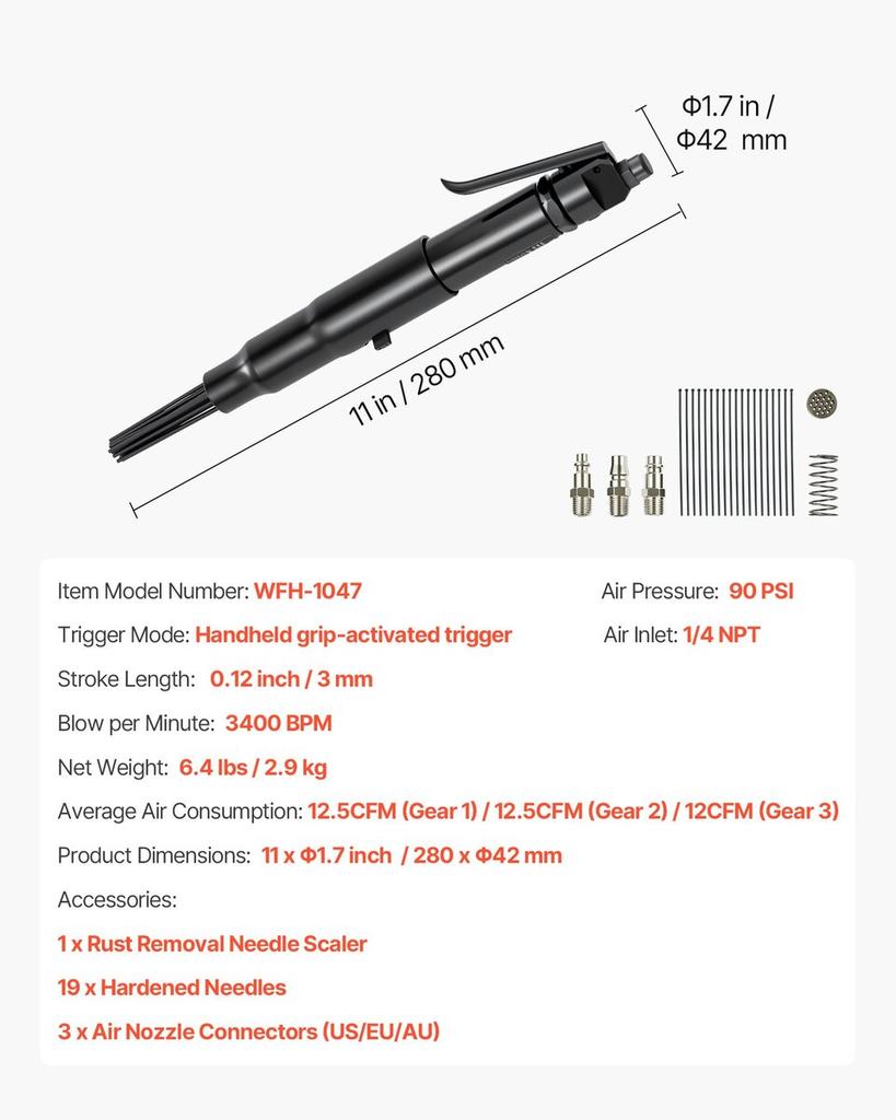 Air Needle Scaler, 3400BPM Pneumatic Scaler for Rust Paint Removal - with 3-Speed Adjustment, 19 Hardened Needles & 3 Air Nozzle Connectors -