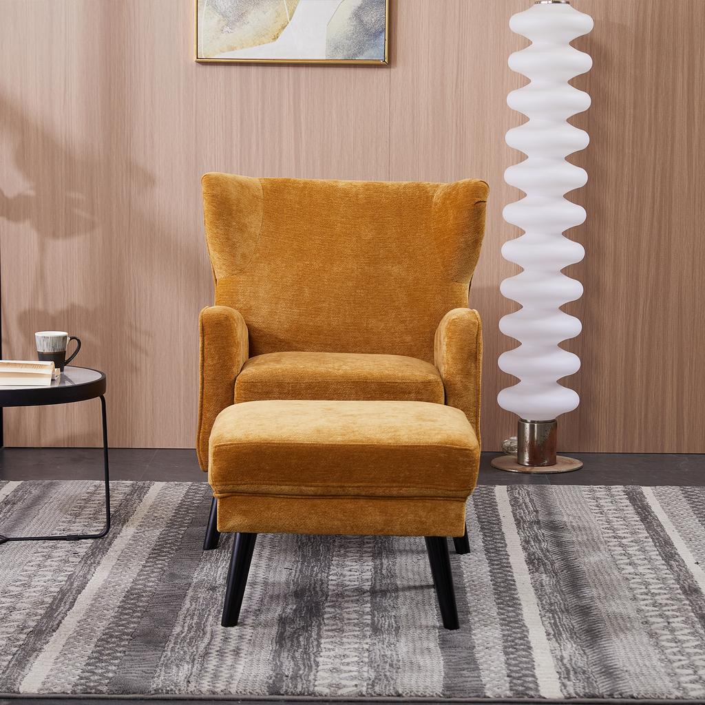 Chenille Accent Chair with Ottoman, Upholstered Lounge Armchair, Black Wooden Legs, Comfort Sofa Chair for Living Room, Dark Green Dull Yellow