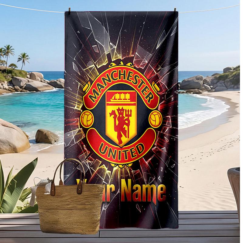 Manchester United Personalized Printed Beach Towel Soccer Logo Support Custom Name Text Absorbent Towel For Sport Travel Special Gift