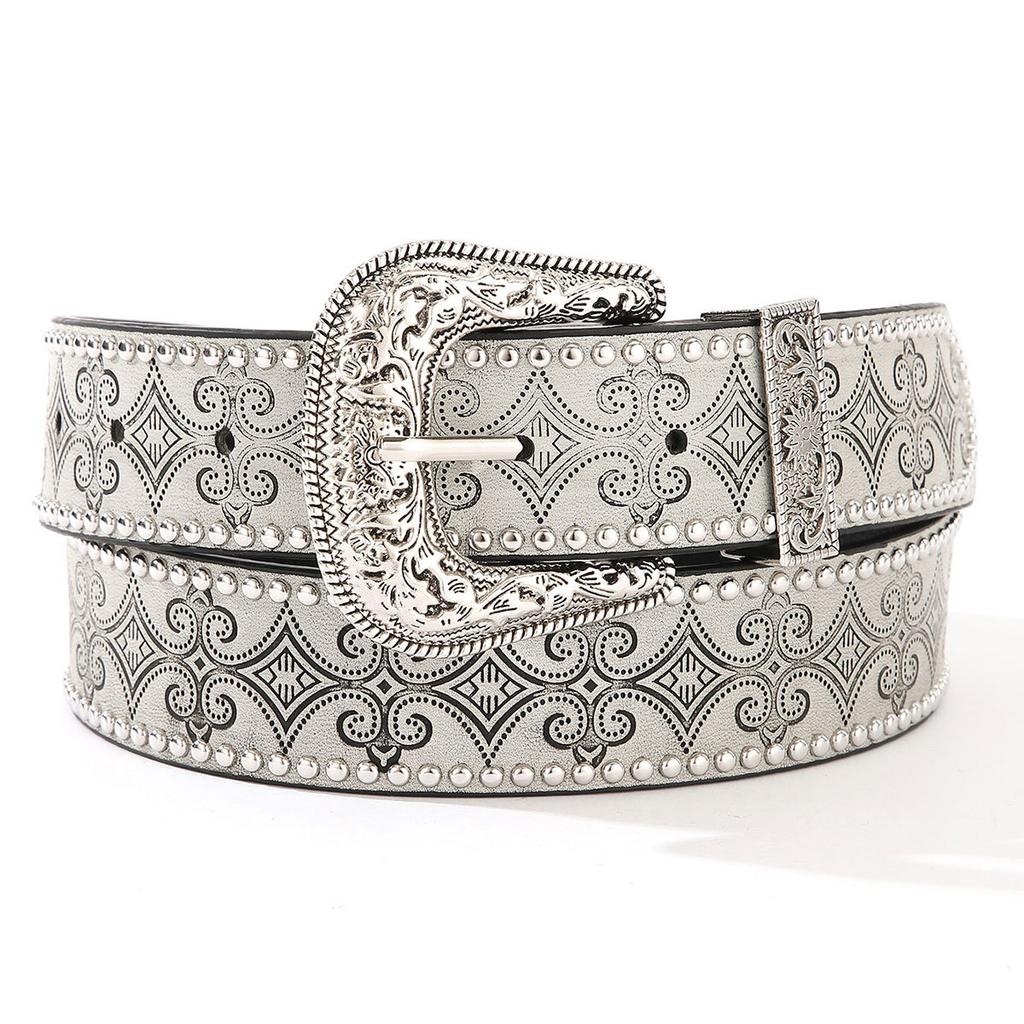 Silver Vintage Belt with Western Carved Metal Rivet Buckle Design