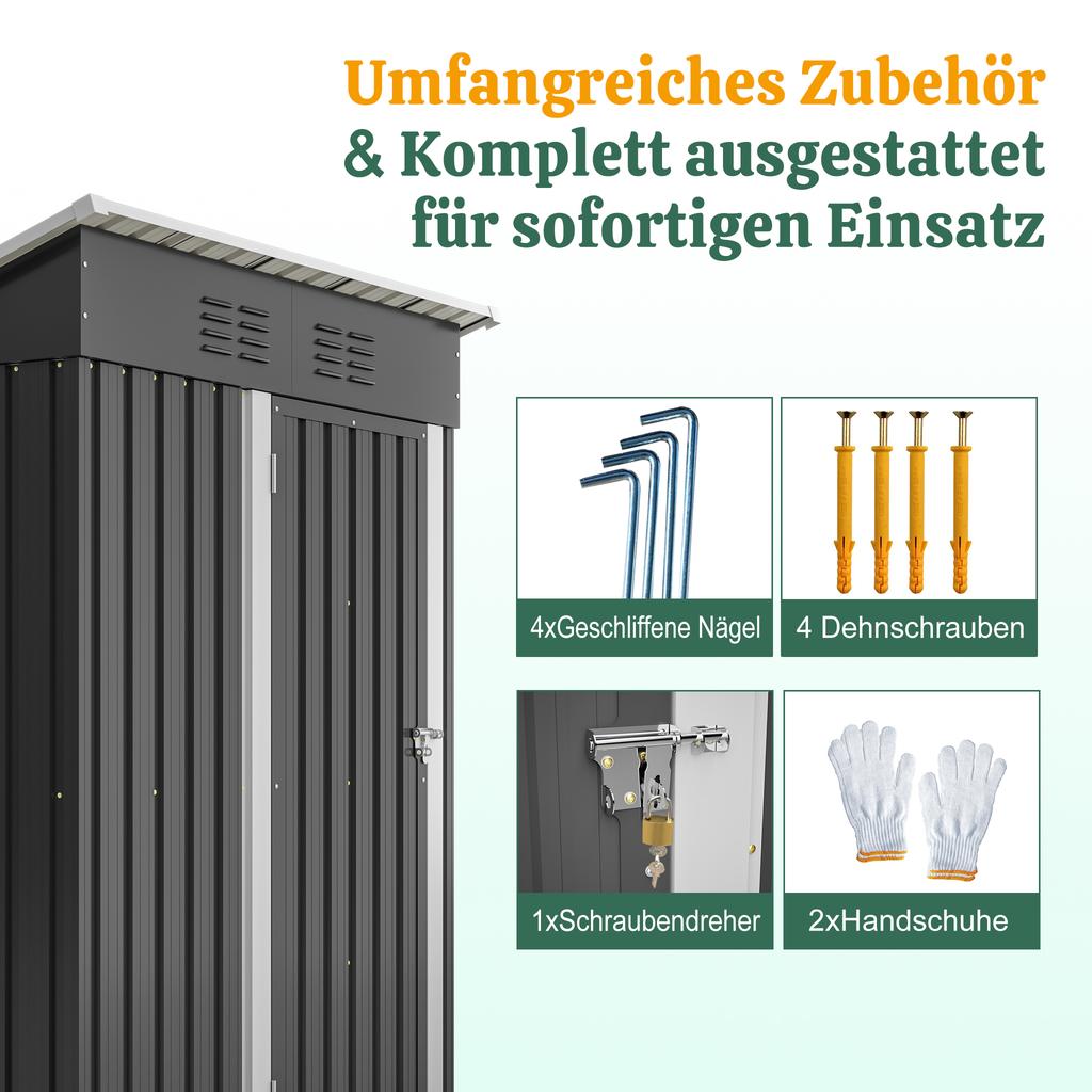 Garden House Flat Roof 152x84x182 cm, Tool Shed with Lockable Metal Door, Without Window, 1.27 m² Storage, Weatherproof Design for Garden Tools, Black