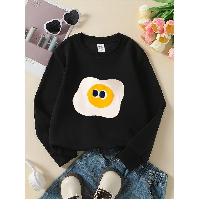 European sizes Crewneck Sweatshirt for Kids Featuring a Fried Egg Face Design, Soft And Comfy Sportswear Is Perfect for Casual Outings