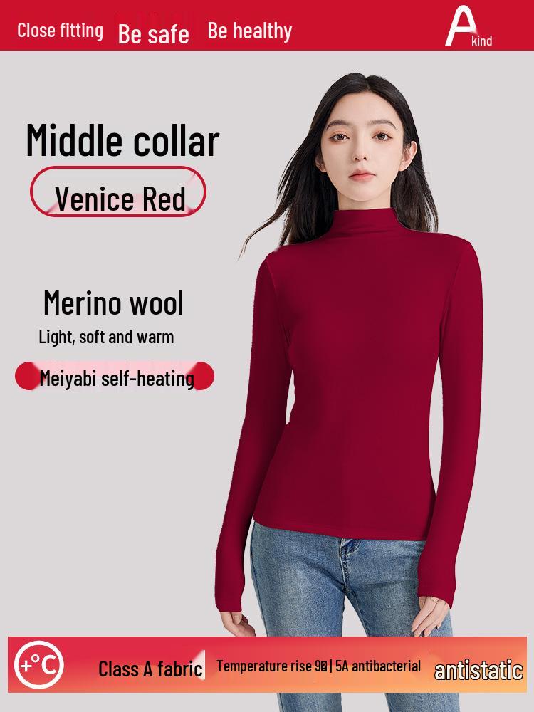 Autumn/Winter Wool Long-Sleeve Velvet Cotton Mid-Neck Women's Fashion Top