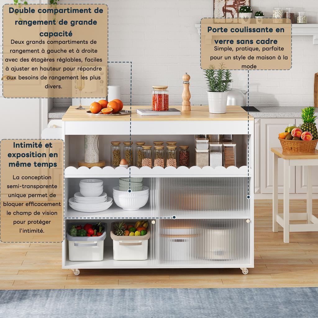 122 x 46(69) x 91cm, Foldable Kitchen Island Cart, Worktop Made of Oak Veneer, Sliding Doors Made of Tempered Glass, Adjustable Shelves, Towel Rail
