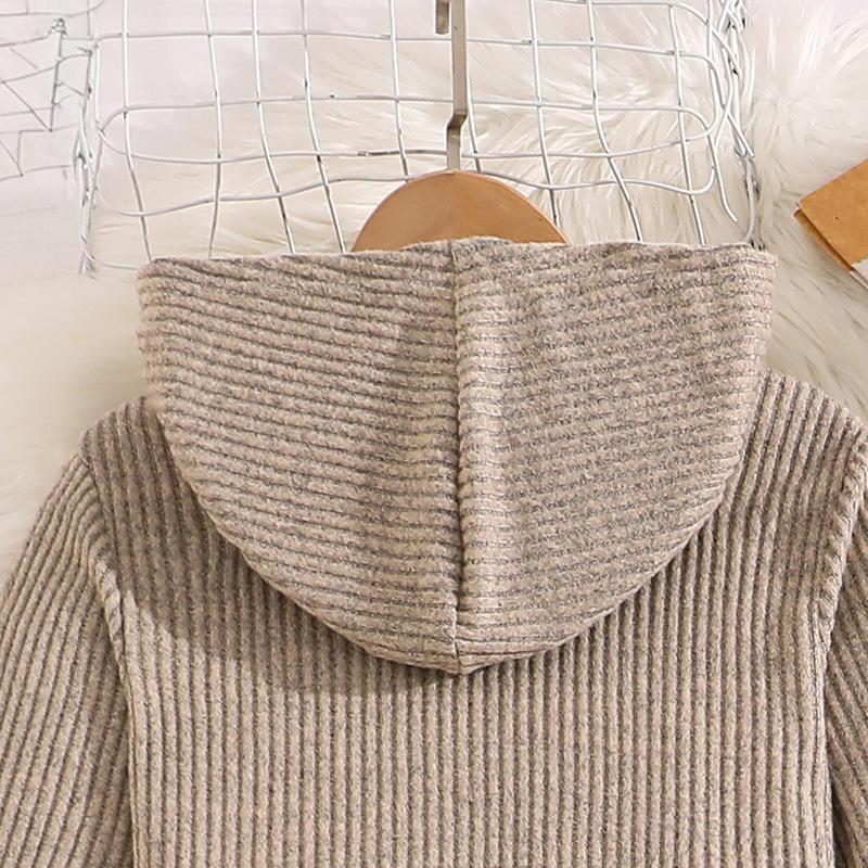 Наряд для девочек Осень Зима Новый Вязаный В рубчик С длинным рукавом Капюшон На молнии Топ Модные расклешенные брюки