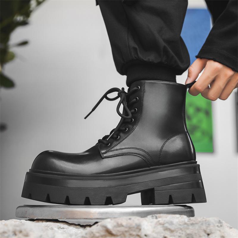 Men's Casual Stage Nightclub Platform Boots Black Genuine Leather Shoes Cowboy Autumn Winter Boot Handsome High Motorcycle Botas