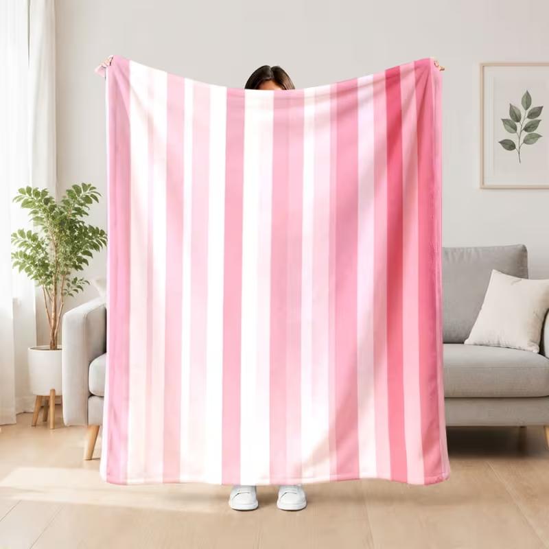 Pink Gradient Vertical Striped Blanket Soft Multi Tone Pink White Line Print Blanket Bedroom Sofa Decor All Season