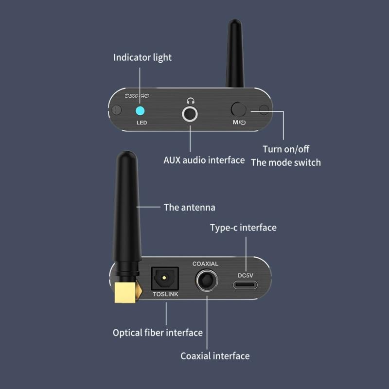 D300 Alloy Wireless Audio Adapter Bluetooth-compatible5.2 Audio Receiver Support Coaxial/Aux Audio /Optical Fiber Output