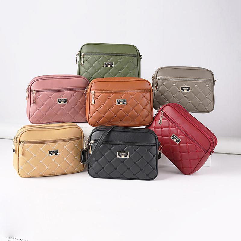 Women PU Leather Wave Embroidered Small Shoulder Bag Simple Solid Color Multi-layer Heart Decor Phone Crossbody Bag CLE