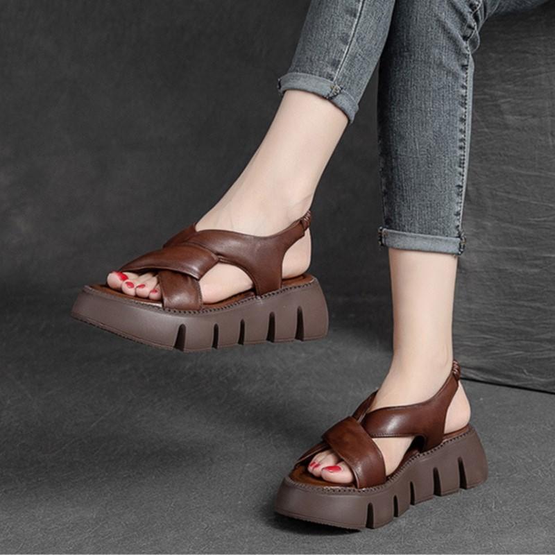 Johnature Summer 2023 New Retro Thick Soled Breathable Romand Sandals Genuine Leather Peep Toe Comfortable Women Platform Shoes