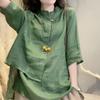 Women's Retro Cotton and Linen Shirt, Spring/Summer 2024, Loose Three-Quarter Sleeves, Belly-Covering, Lightweight Top