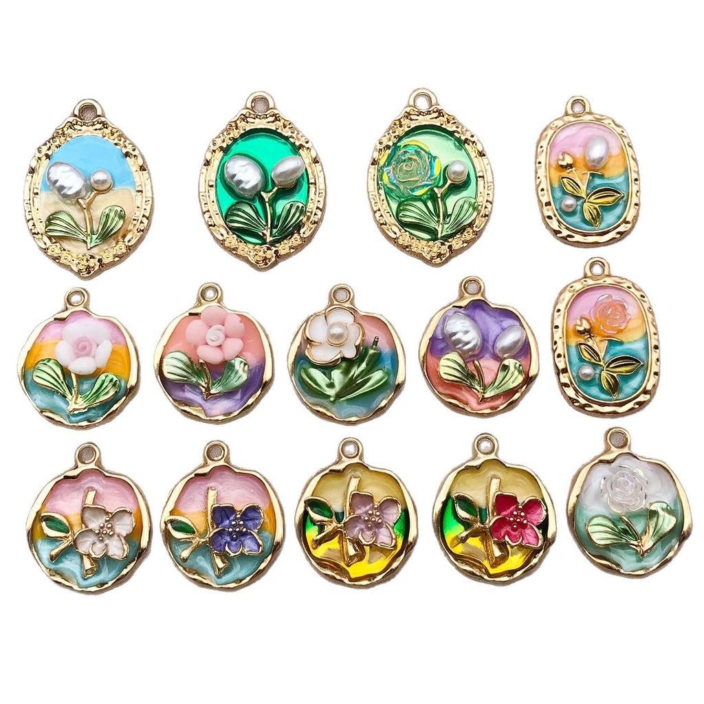 Французский Ретро Роскошный Набор Эмалевых Серьг и Ожерелья: Сад Моне Масляная живопись Дизайн цветов