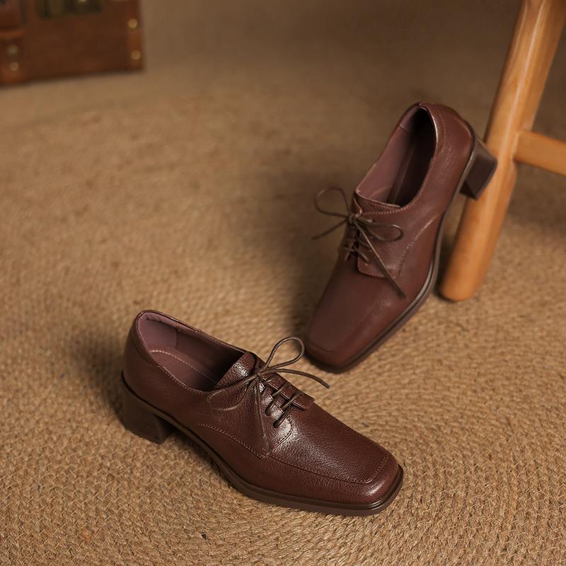 Krazing Pot Sheep Skin Spring Summer Size 42 Size 41 Chunky Heels Women Square Toe Lace Up Deep Mouth Pumps