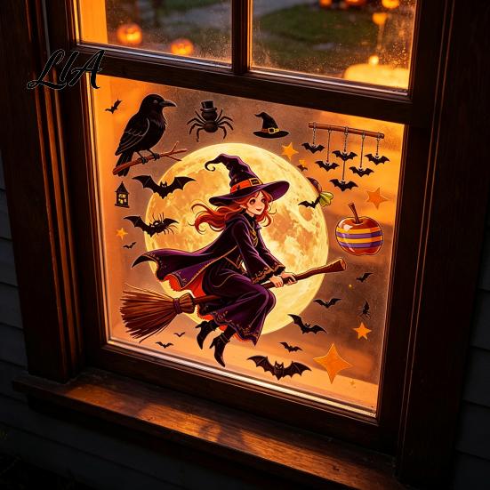 Cute Witch Bat Decals Halloween Static Window Clings, Glass Stickers with Ghost Cat Spooky Theme Party Supplies Patterns, Reusable Holiday for