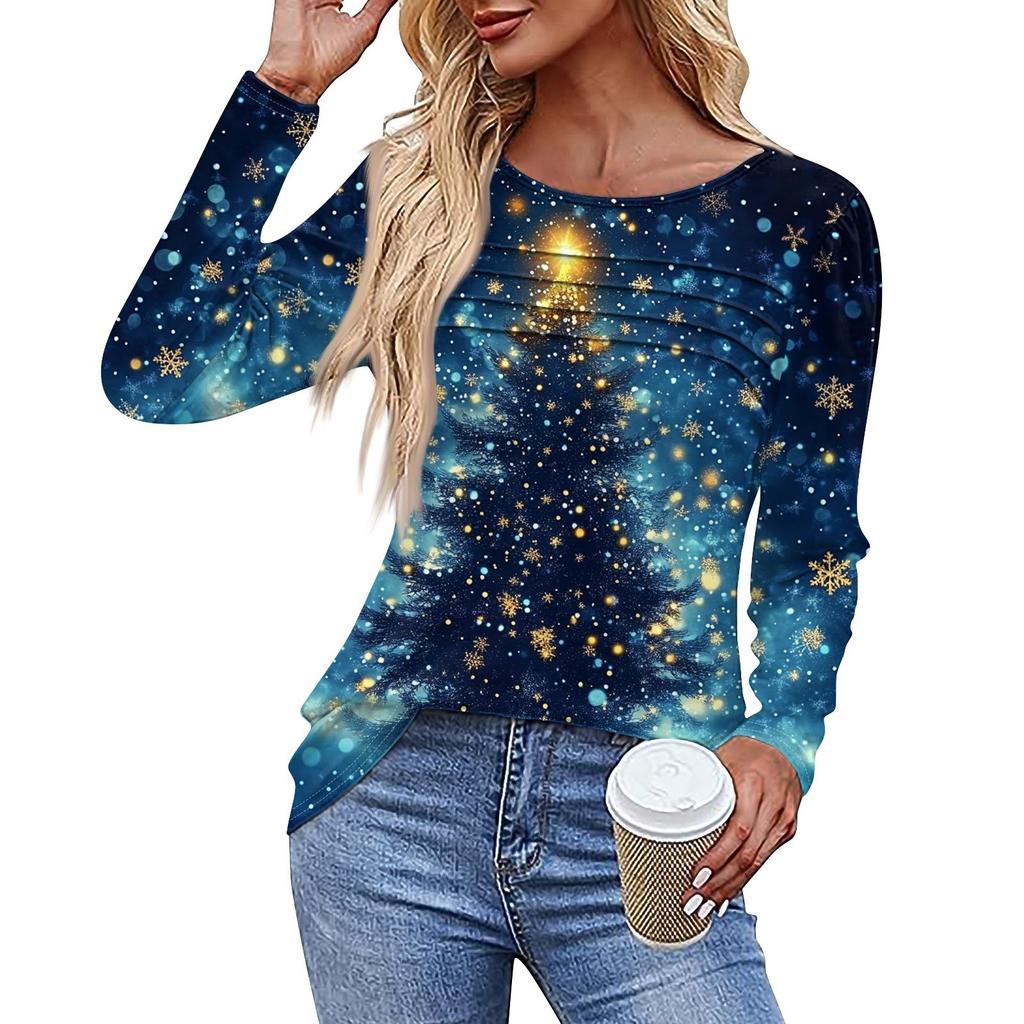 Женская повседневная модная футболка с круглым вырезом и длинными складками на Рождество