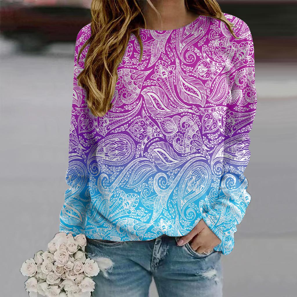 Fall Autumn Women'S Fashion O Neck Long Sleeve T-Shirt Loose Clothes Cashew Print T Shirt