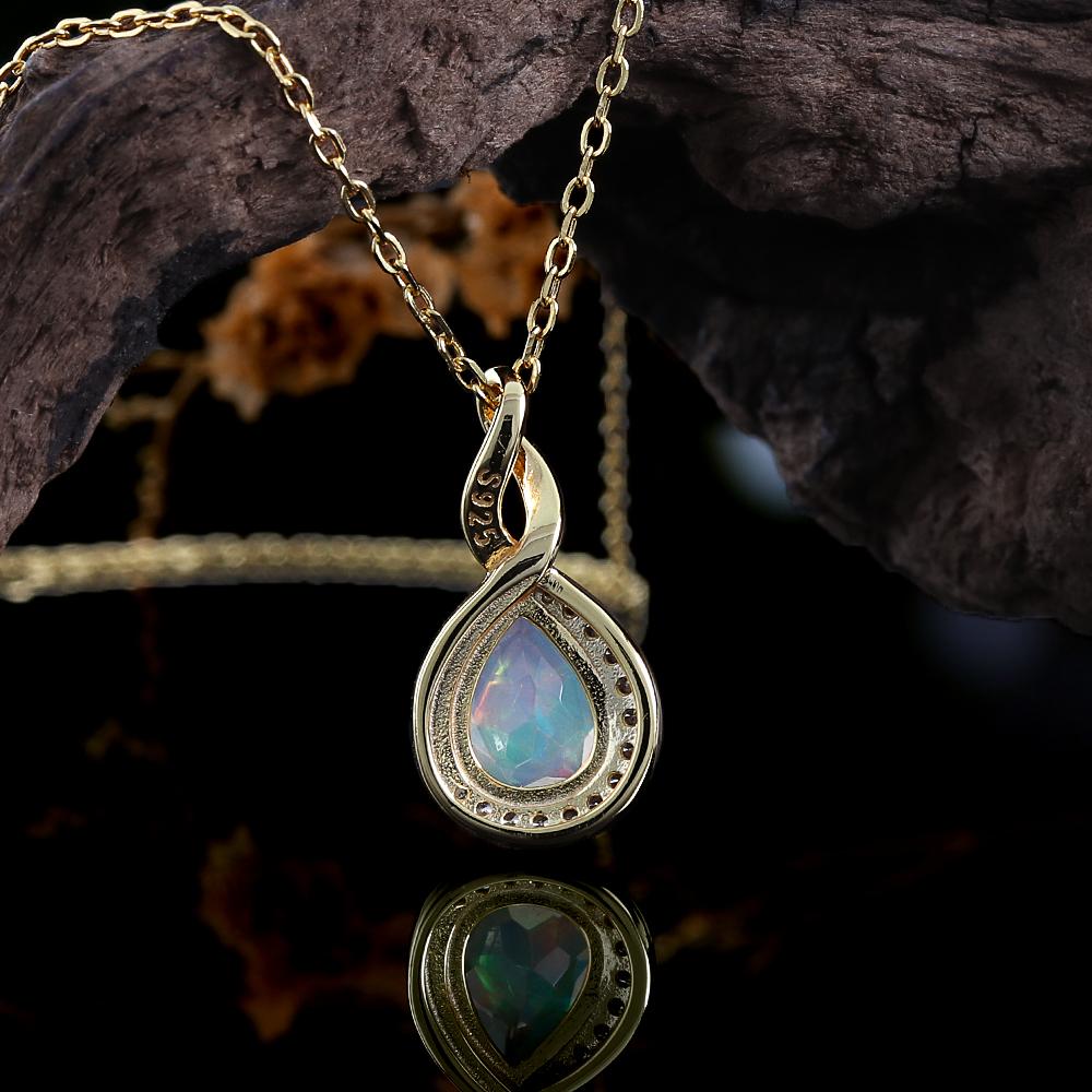 Simple design 925 sterling silver October Birthstone necklace Natural opal fine jewelry gemstones for women's party wear