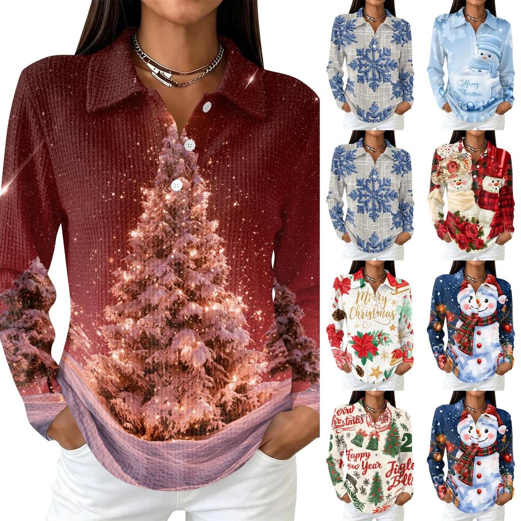 Women's Casual Button Long Sleeve Christmas Print Collared Top with Side Slits at Hem