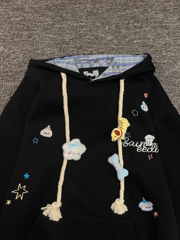 Hooded Spring and Autumn Embroidered Thin Cartoon Plus Velvet Thickened Trendy Student American Heavy Coat Loose Version Hoodie