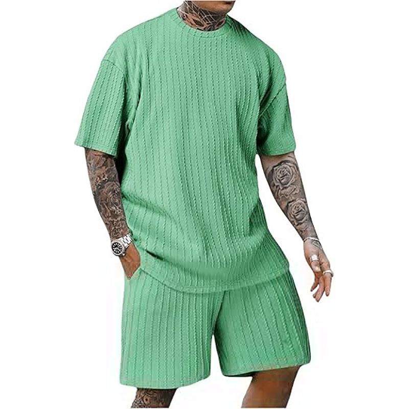 Outfits Mans Piece Summer Two Of Short Sleeve Crewneck Tshirt And Drawstring Casual Track Shorts Fashion Solid Color Soft Suit