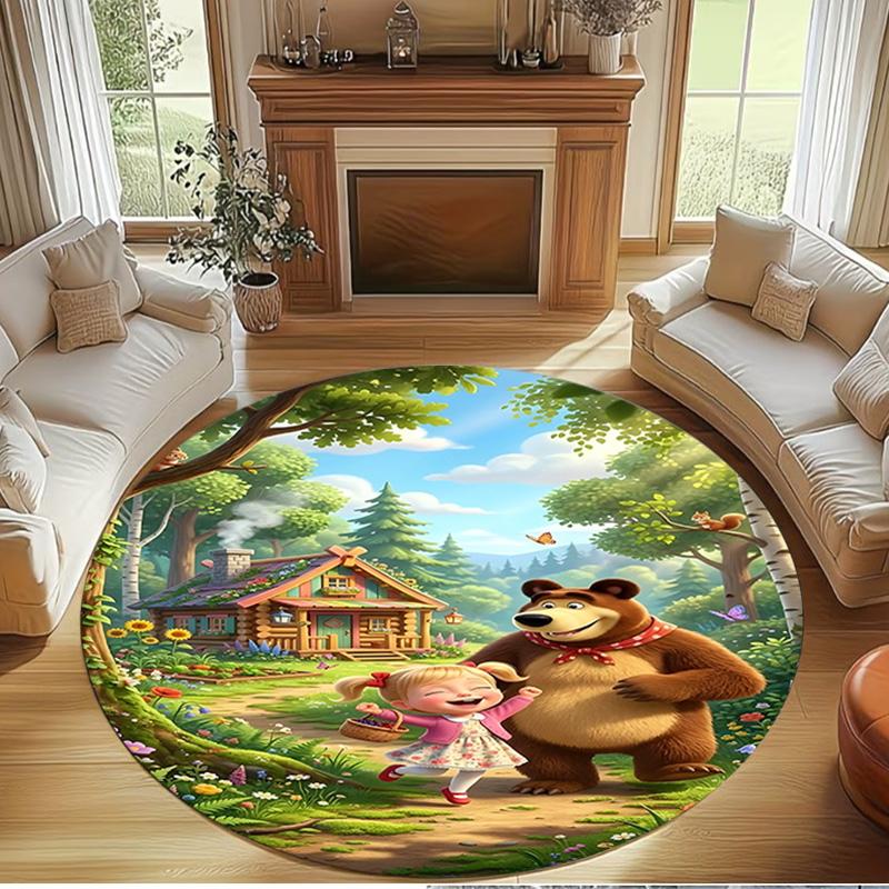 Masha and The Bear Print Round Rug, Washable Floor Carpet, For Entryway Dorm Laundry Room Office Study, Home Decor Birthday Christmas Gift