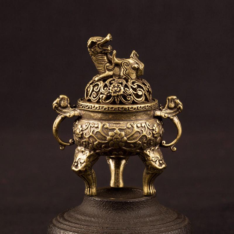 Antique Brass Three Legs Qilin Head Chinese Ancient Beast Censer Solid Copper