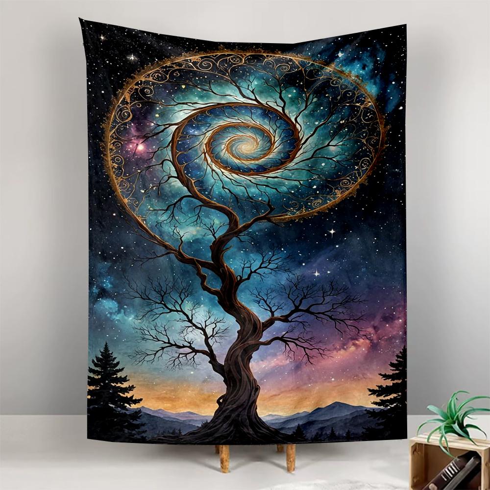 "Cosmic Spiral Tree Design in Starry Sky Patterned tapestry for bedroom and living room home decor"