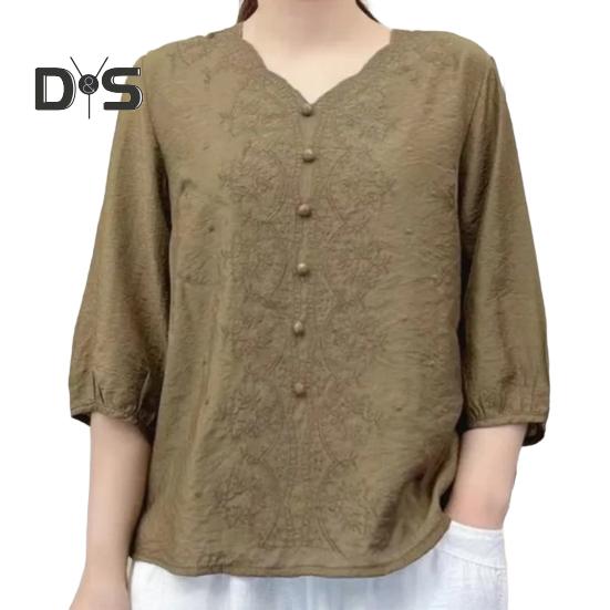 Women Shirt V-neck Half Sleeve Embroidery Floral Pattern Loose Fit Tops Solid Color Casual Blouse Daily Wear