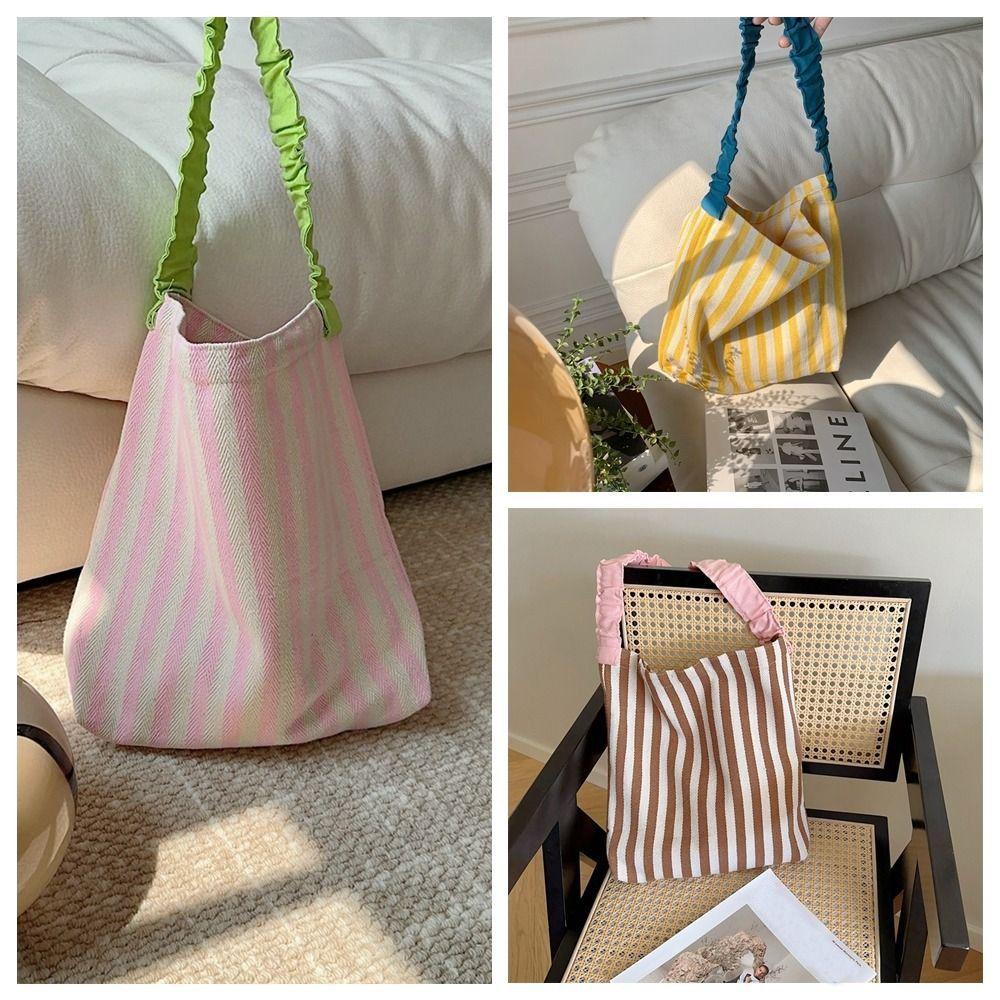Large Capacity Stripe Canvas Bag Pleated Shoulder Strap Cloth Shoulder Bag Cute Tote Bag  Women