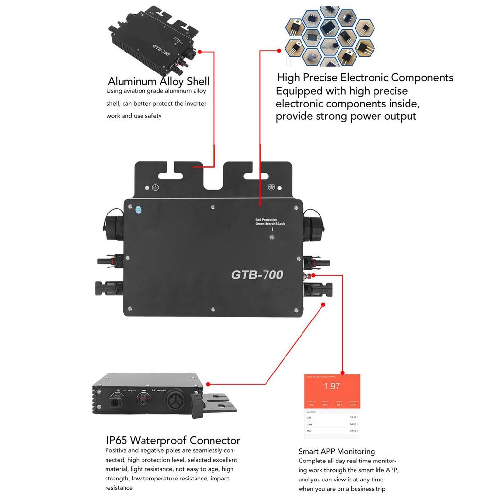 Сетевой инвертор 700 Вт IP65 WiFi Управление Автоматическое определение напряжения Солнечный сетевой инвертор