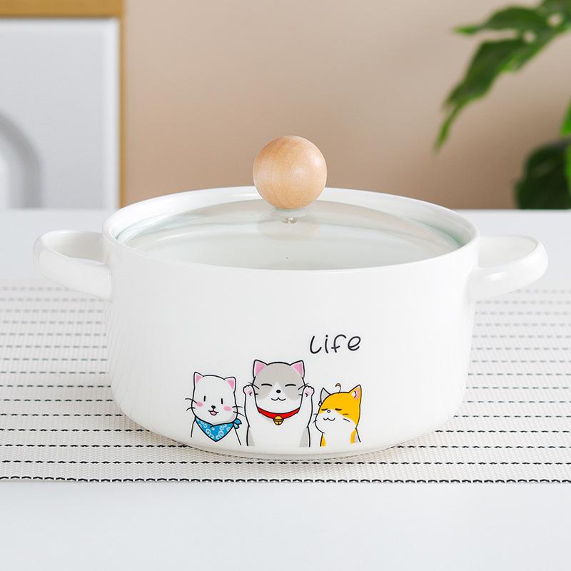 Креативная бинауральная керамическая миска для лапши быстрого приготовления с крышкой Большая суповая миска Домашний суповой таз Одинарная студенческая общежитская рисовая миска Салатник