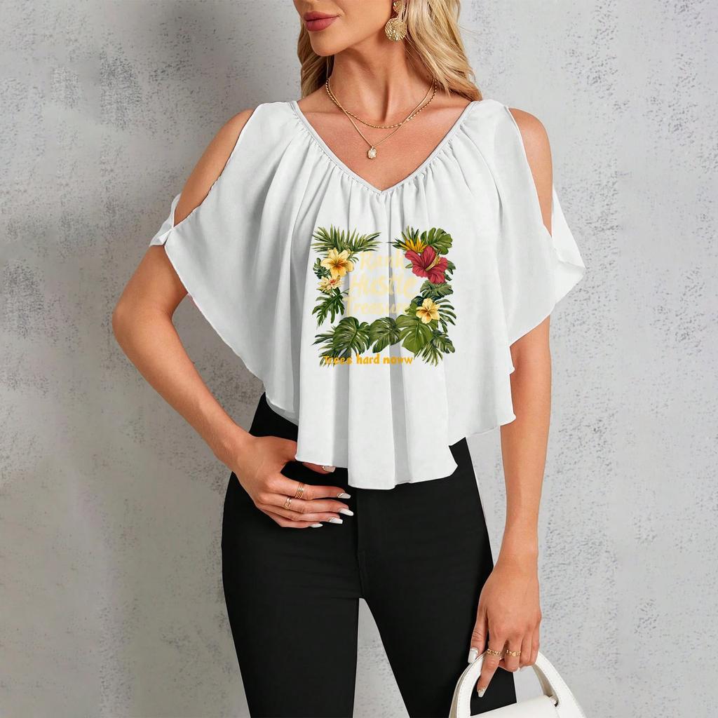 Женская повседневная футболка с V-образным вырезом и открытыми плечами с гавайским принтом