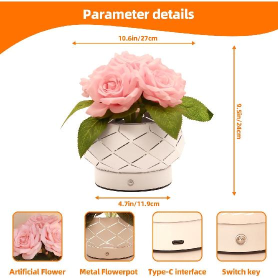 Roses Flower Touch Lamp,Rechargeable Cordless 3-Colour Dimming Small Night Light for Festival,Dining Room,Bedroom Home Decor Birthday Gifts-6 Rose