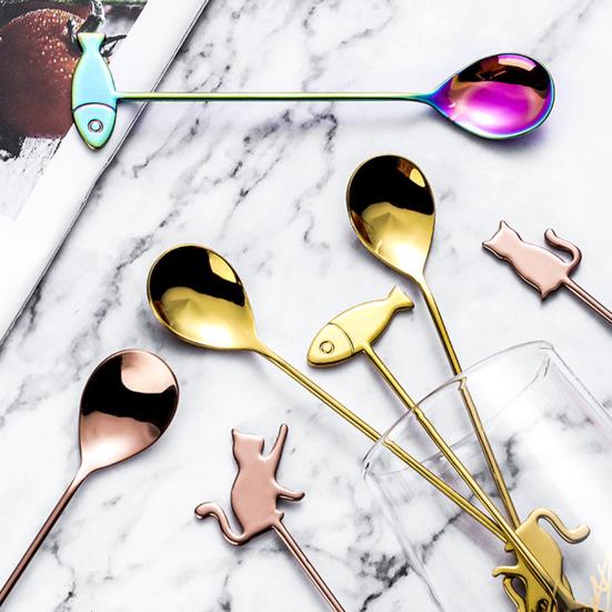 Cute Cat Dessert Stainless Fish Coffee Stirring Tea Steel Milk Spoon Flatware KTY