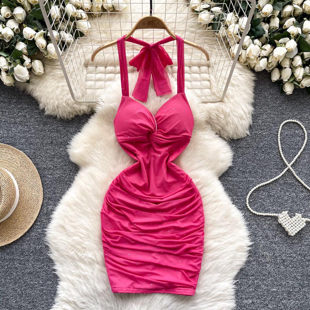 Летние женские сексуальные бретельки через шею с открытой спиной, блестящие, облегающие, мини-короткие, клубные платья для вечеринок