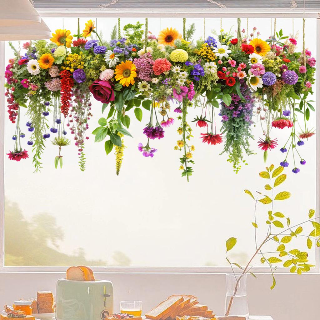 12’ X 24‘ Sunlight Colorful Static Glass Stickers, Fresh Retro Flower Vine Double-sided Visual Window Stickers