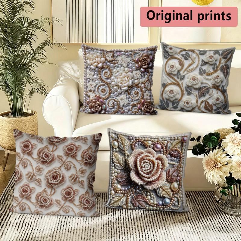 Vintage Pearl Floral Print Pillow Covers Pattern Cushion Cover Suitable for Sofa Bedroom Car Pillow Cover