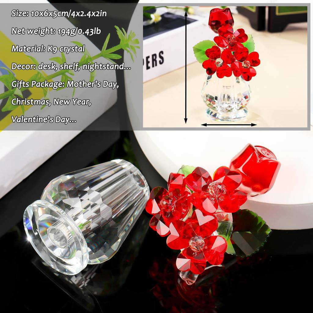 Popular K9 Crystal Red Rose Figurine, a perfect gift for women, birthdays, retirement, White Day, anniversaries, Mother's Day, or any occasion.