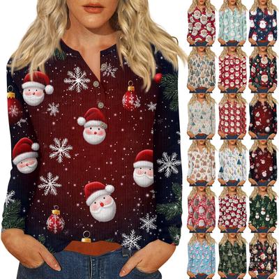 Жен. Футболка Футболка С принтом Пуговицы Длинный рукав Повседневные Выходные Мода Классический V-образный вырез Обычный Верх