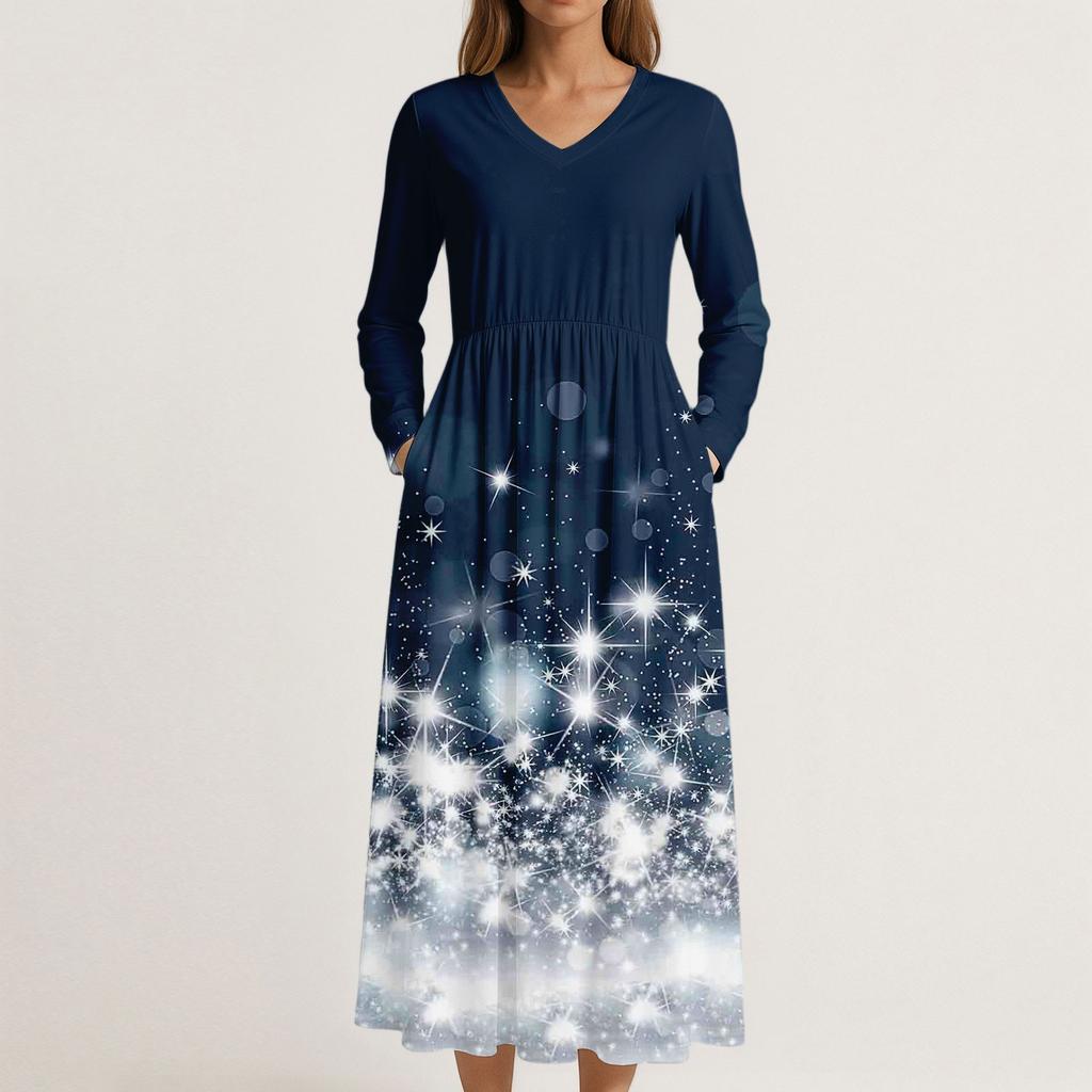 Платье для женщин длинное бохо пляжное платье элегантное макси-платье V-образный вырез длинный рукав платье с карманами