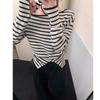 Элегантный Свободный Вязаный Пуловер с Покатым Плечом в Полоску Повседневный Нежный Осенний Женский Модный Топ с Длинным Рукавом Свободный Повседневный Офисный Тонкий