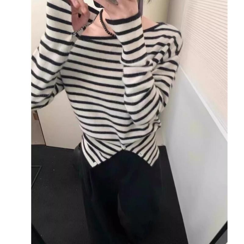 Элегантный Свободный Вязаный Пуловер с Покатым Плечом в Полоску Повседневный Нежный Осенний Женский Модный Топ с Длинным Рукавом Свободный Повседневный Офисный Тонкий