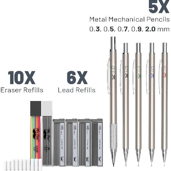 Mr. Pen- Metal Mechanical Pencil Set with Lead and Eraser Refills, 5 Sizes, 0.3, 0.5, 0.7, 0.9, 2mm, Drafting, Sketching, Architecture, Drawing Metal